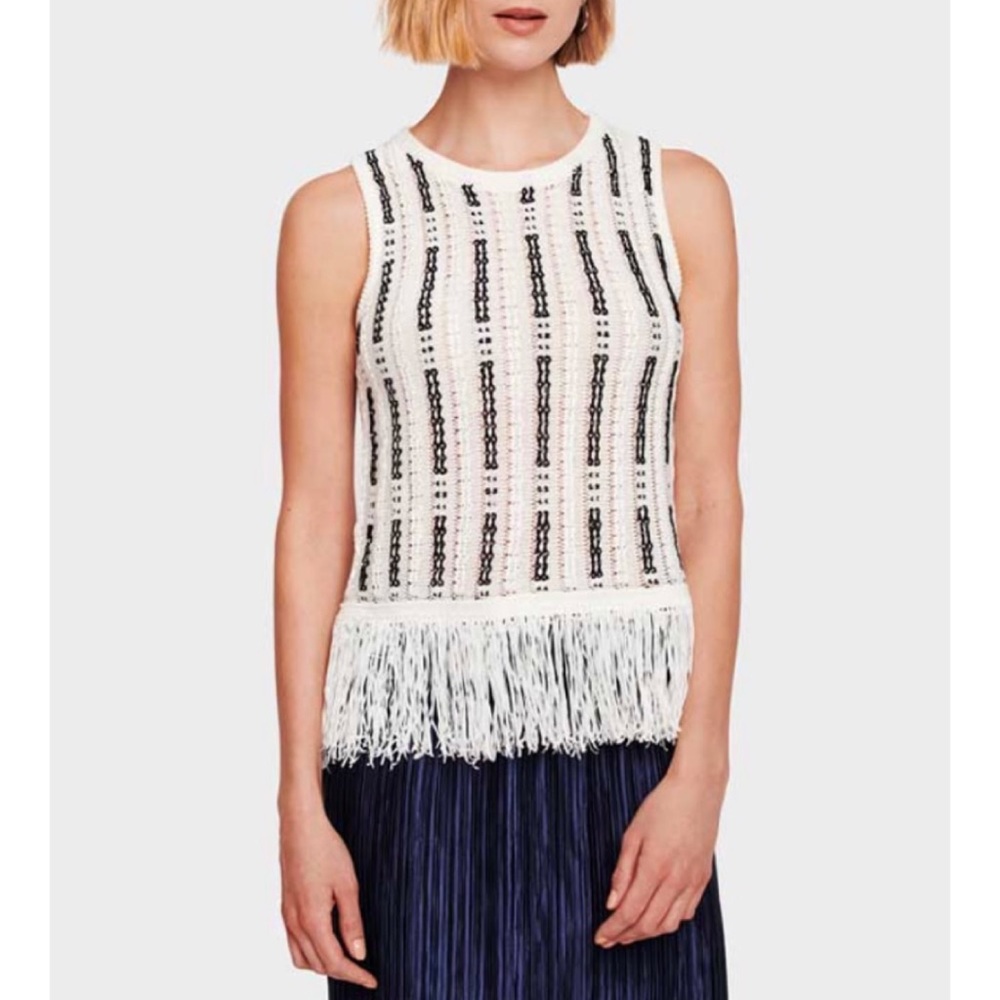 WHITE + WARREN • Cotton-Blend Knit Fringe Tank Top, S